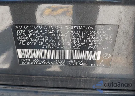 2006 Lexus Is 250 from USA, damaged, VIN JTHBK262962017527